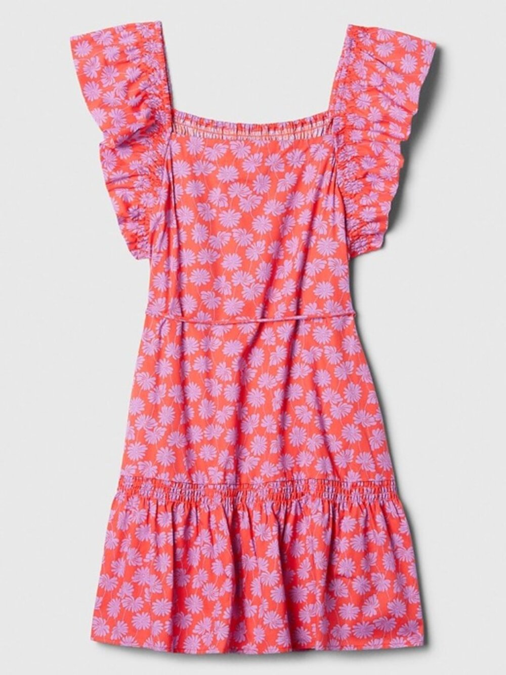 Flutter Sleeve Square Neck Mini Dress | Coral Daisy Floral Print | Tiered | M